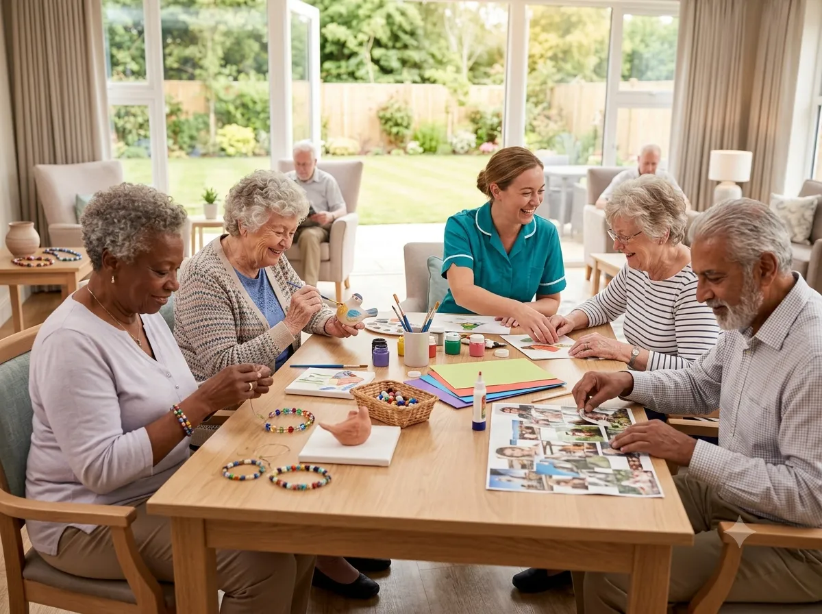 Residents painting and making crafts with a carer at the activities table