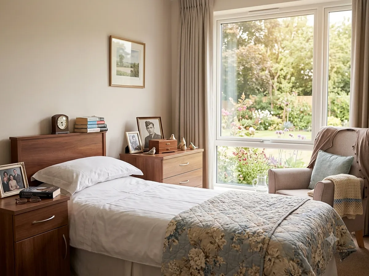 A cosy resident bedroom with personal photographs and a garden view