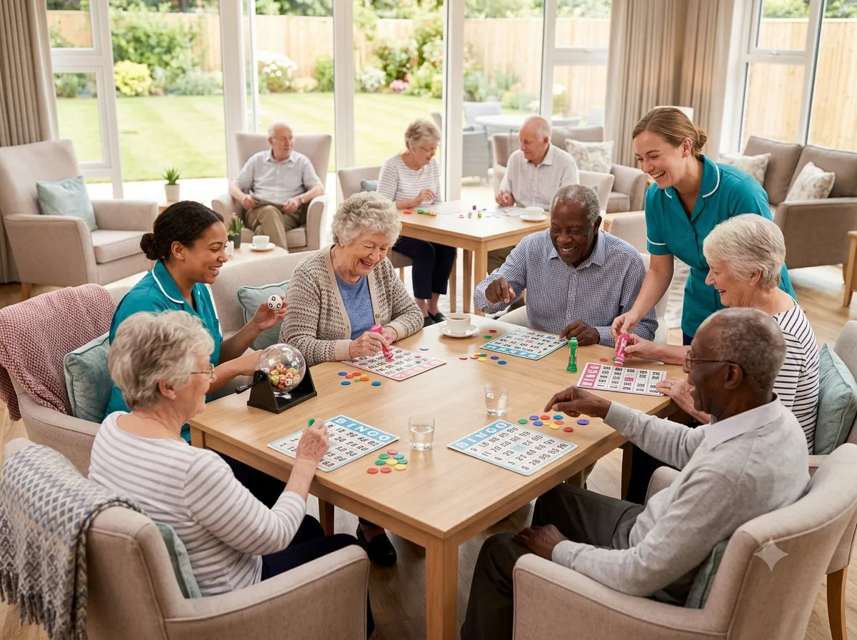 Residents and carers laughing over a game of bingo