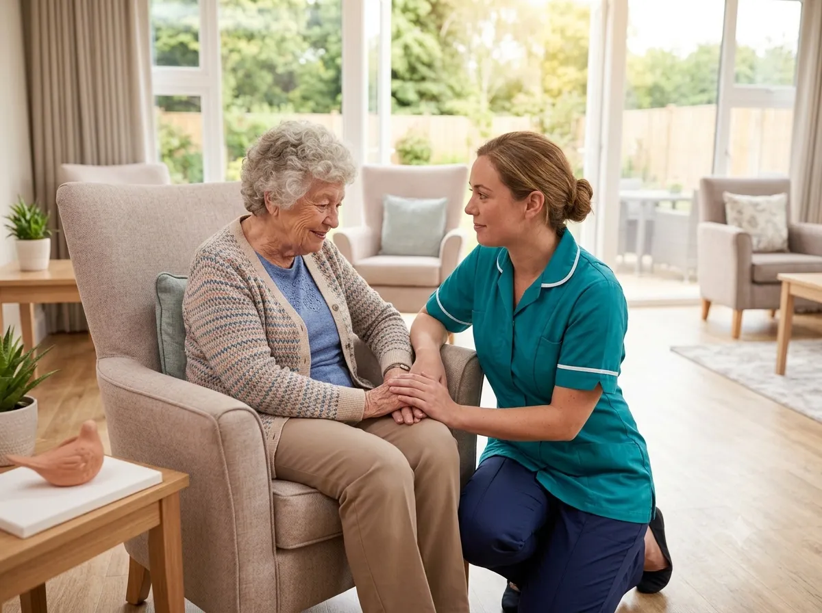 A carer kneeling beside a resident's armchair, holding her hands and chatting