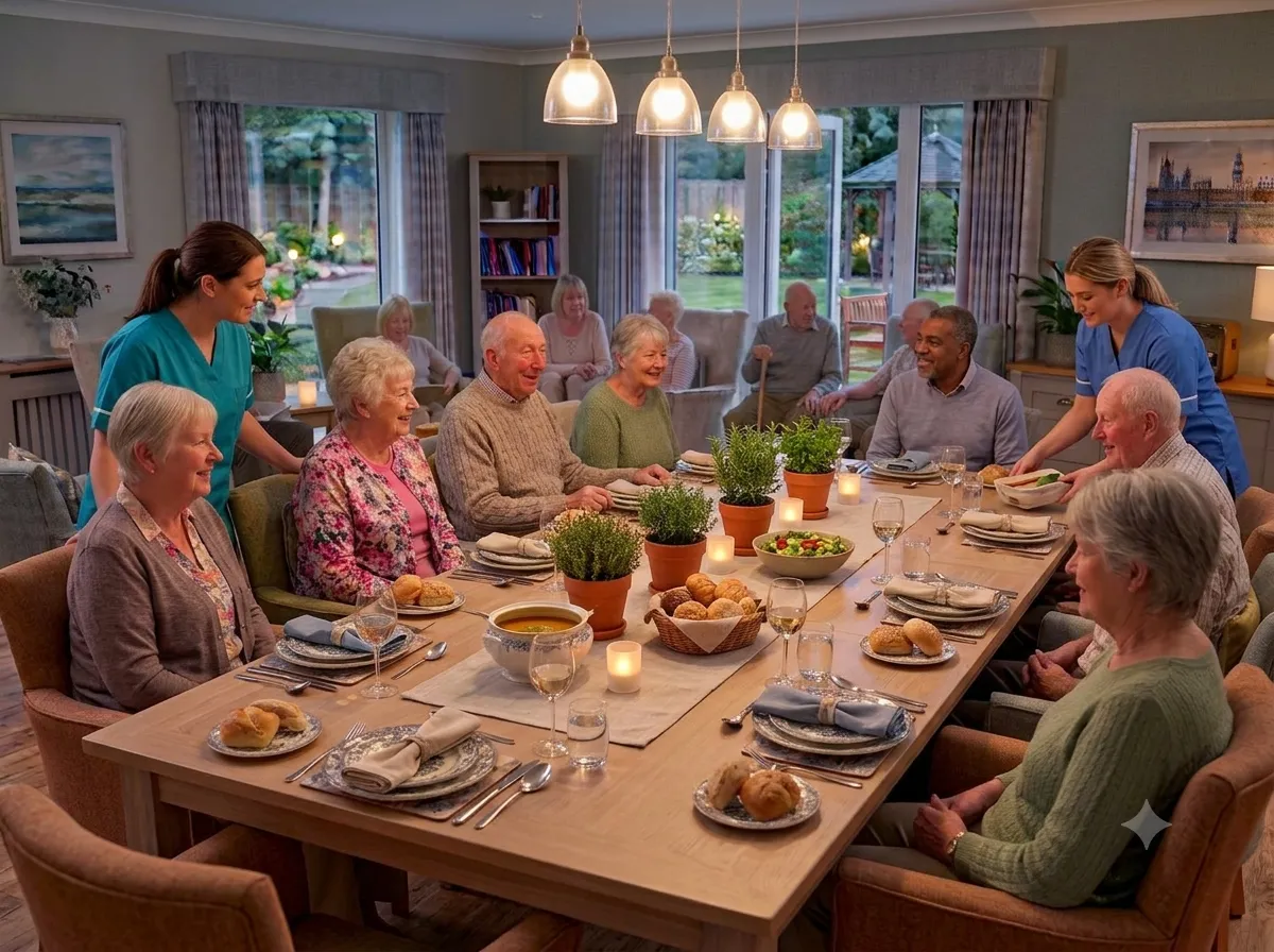 Residents and carers sharing a home-cooked evening meal around the dining table