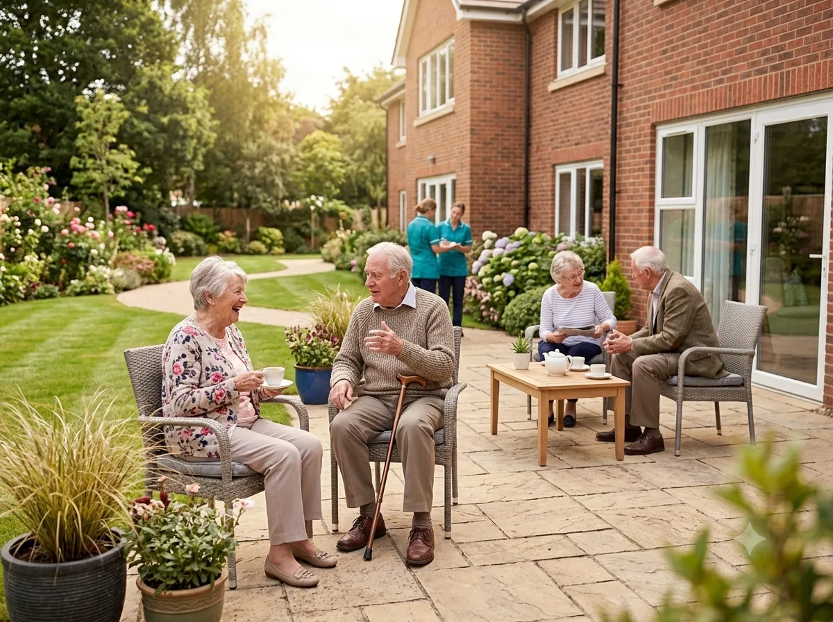 Residents enjoying tea and conversation on the garden patio at Blackrod House