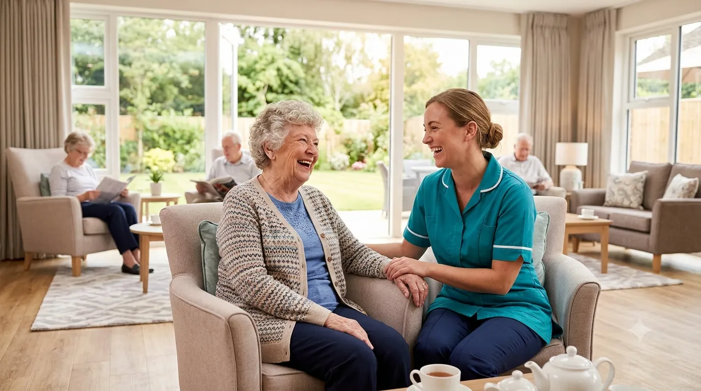 A resident and carer laughing together in the bright lounge at Blackrod House