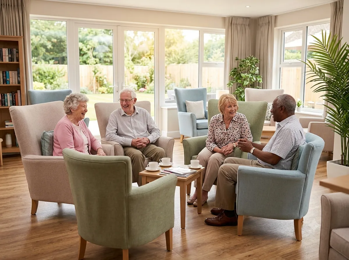 Residents chatting together over tea in the bright garden lounge