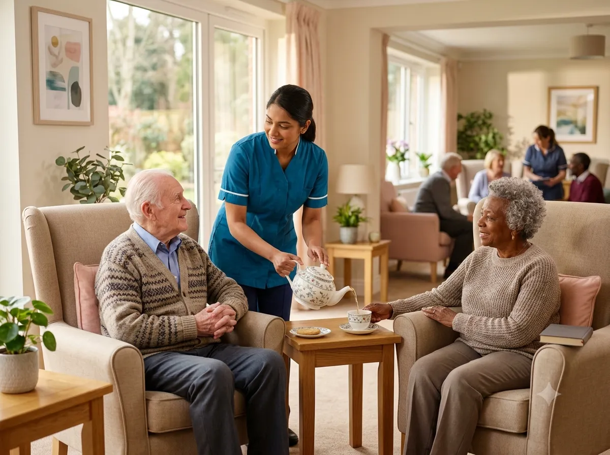 A carer pouring afternoon tea for residents in the lounge