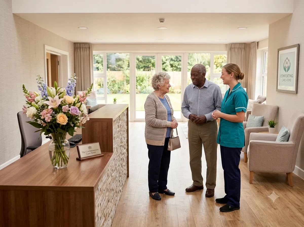 A carer welcoming visitors at the flower-decorated reception